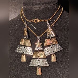Gold and Silver Christmas Tree Pendant Necklace and Earring Set & Extra Earrings